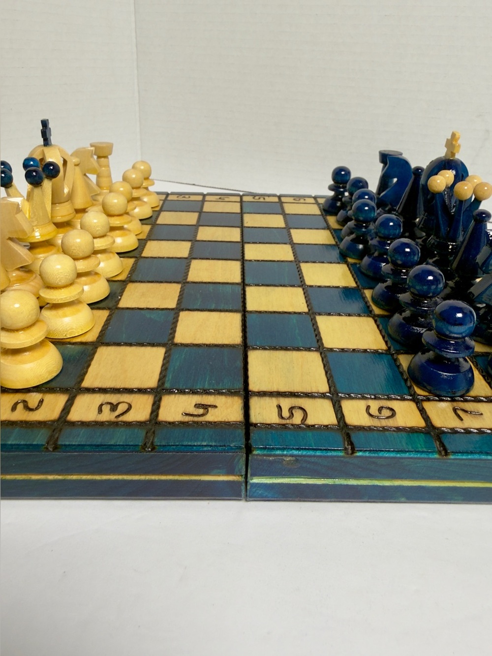 Vintage Handcrafted Wooden Chess Set - Blue & Gold/Natural Carved Wood Board